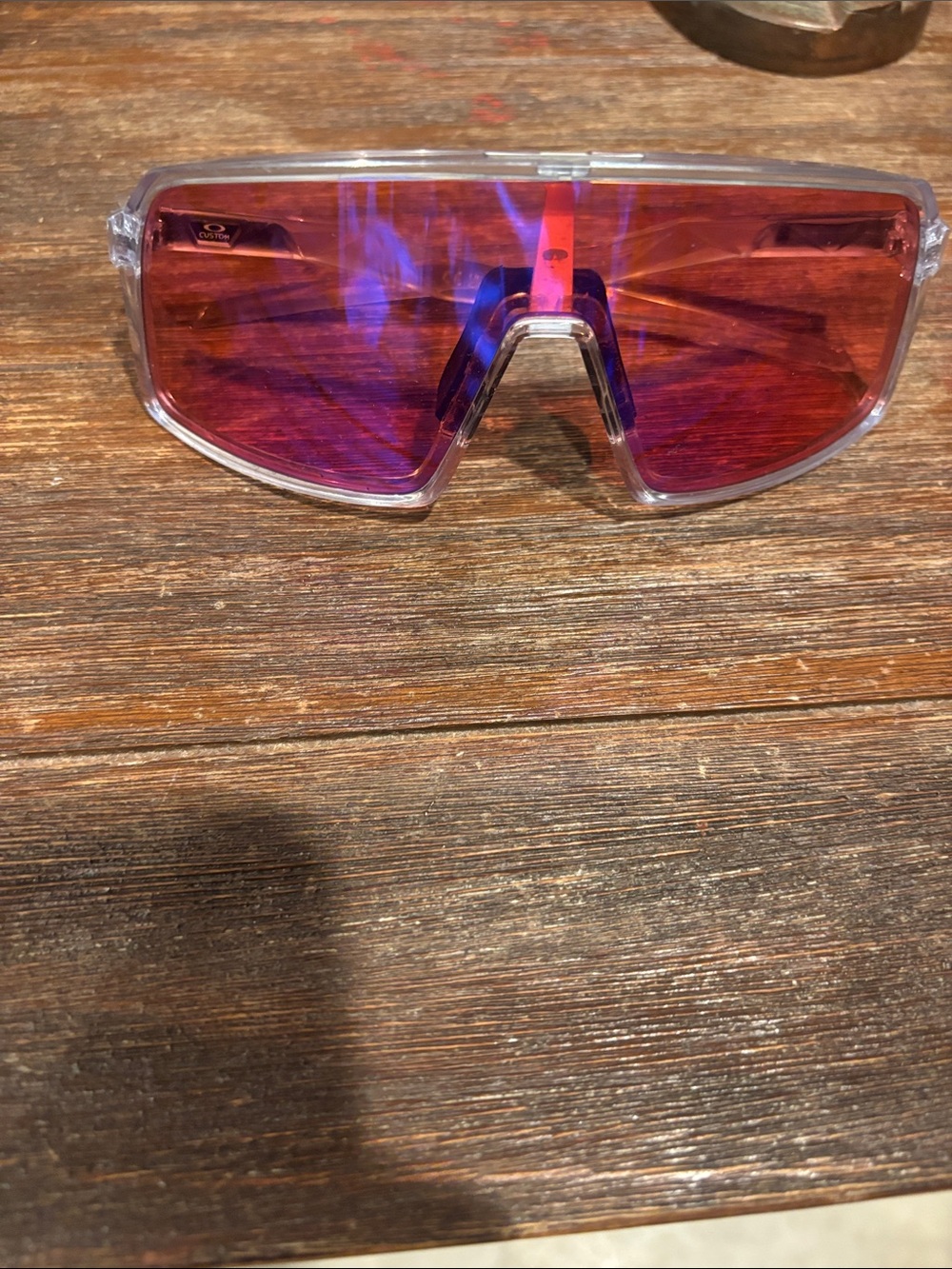 Futuristic Clear-Frame Shield Sunglasses with Red Mirrored Lens